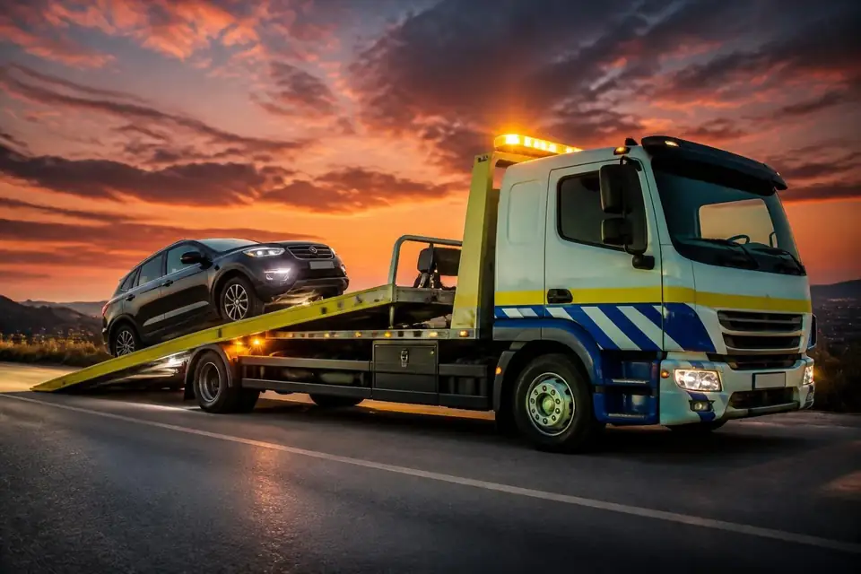 Grúa plataforma de Pronto Grúas cargando un SUV al atardecer