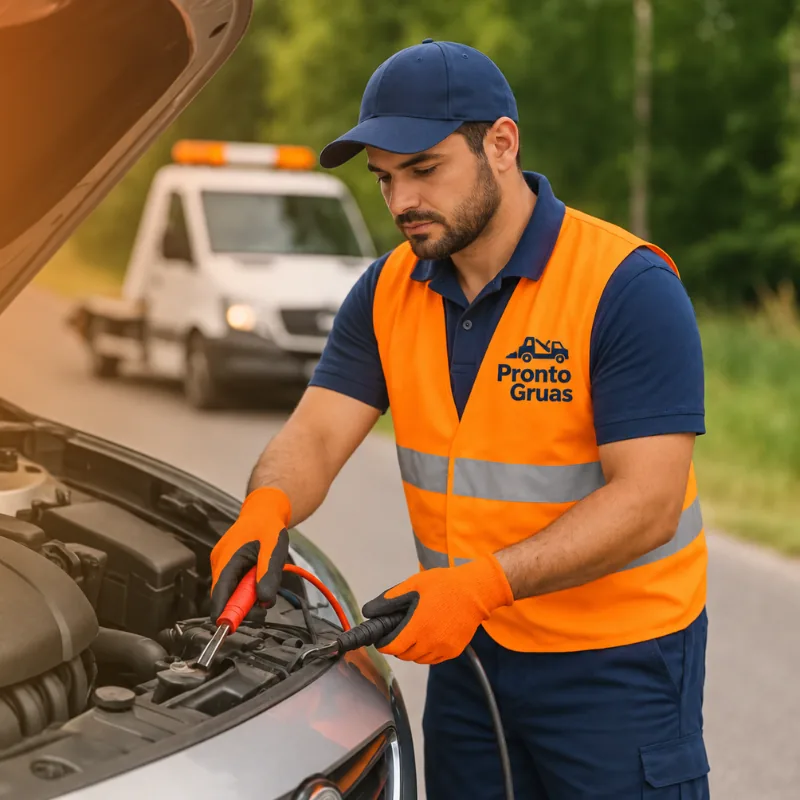 Técnico de Pronto Grúas con cables de batería bajo el capó de un auto